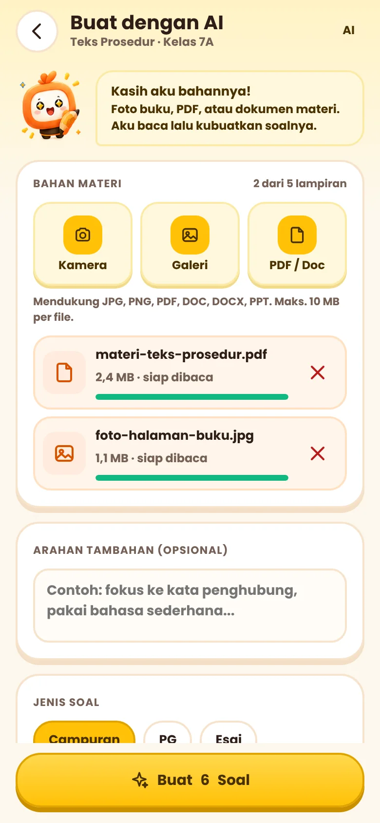 Layar Buat Soal dengan AI: unggah foto buku, PDF, atau dokumen materi